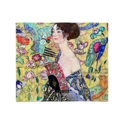 Woman with Parrot Art Blanket: Klimt Style Painting on Soft Fleece