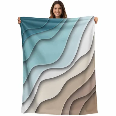 Abstract Gradient Wave Art Blanket: Layered Teal and Beige Design