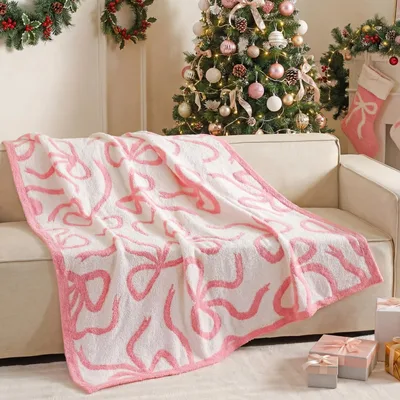 Pink Bow Coquette Pattern Blanket for Preppy Home Decor