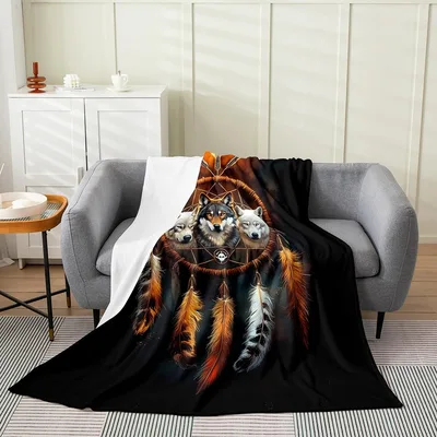 Wolf Dreamcatcher Feather Art Blanket: Three Wolves in a Web