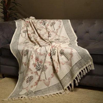 Hand Block Print Branch Blanket with Botanical Floral Pattern