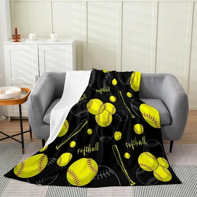 Softball Sports Blanket with Yellow Balls and Bats on Black