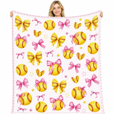 Pink Bow Softball Blanket for Softball Fans and Players