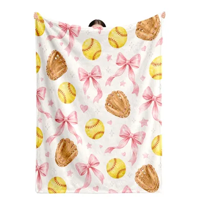 Softball Bows Pattern Blanket featuring watercolor yellow balls