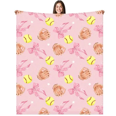 Pink Softball Blanket with Bows and Gloves