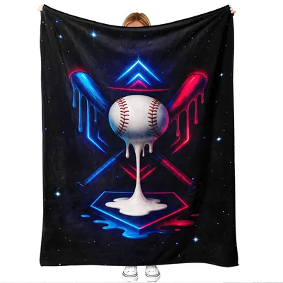 Neon Baseball Blanket With Glowing Blue and Red Drips