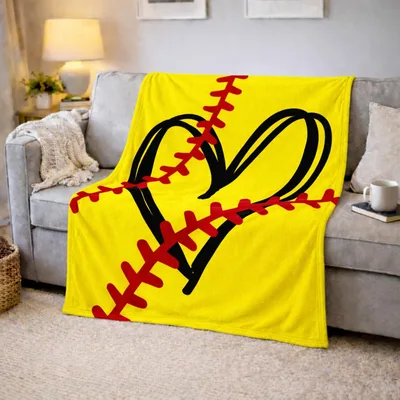 Softball Heart Design Blanket: Yellow Softball Stitch Heart Throw