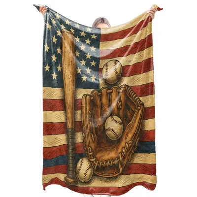 Baseball American Flag Blanket: Vintage Gear on Patriotic Background