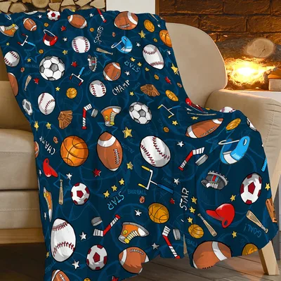 Sports Star Blanket with Balls, Bats and Pucks