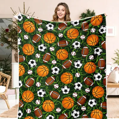 Sports Balls Pattern on Green Blanket: Cozy Game Day Throw