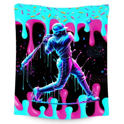 Neon Baseball Player Blanket: Dripping Neon Art for Young Athletes