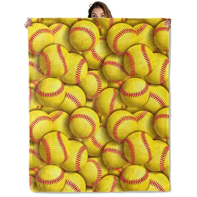 Yellow Softball Blanket with Red Stitched Balls Print