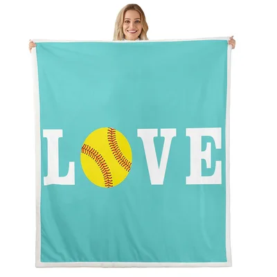 Love Softball Blanket: Teal Design with Yellow Ball Graphic