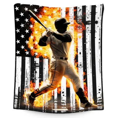 Batter Silhouette on Flaming Blanket: American Flag Baseball Throw
