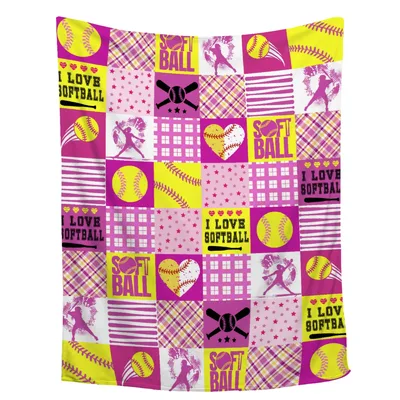 Softball Patchwork Pattern Blanket: Pink and Yellow Softball Design