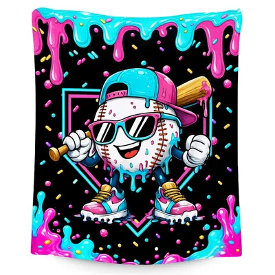 Baseball Mascot Drip Art Blanket: Cool Cartoon Ball with Bat