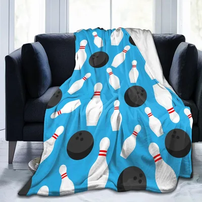 Bowling Ball Blanket with Pins and Balls on Bright Blue