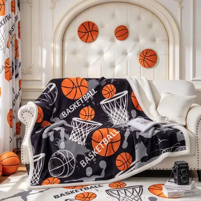Basketball Hoop Pattern Blanket: Orange Balls and Net Design