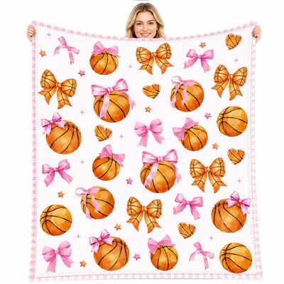 Basketball Bows Girls Blanket: Pink Ribbon and Orange Ball Design