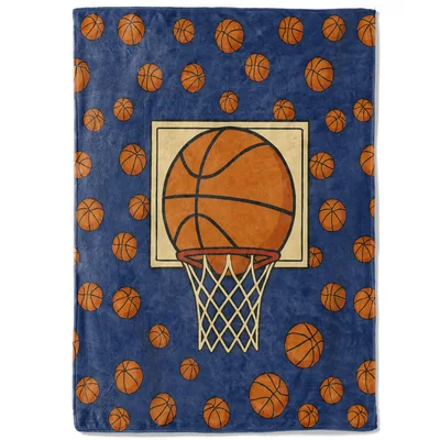 Basketball Hoop Pattern Blanket: Navy Throw with Orange Balls and Net