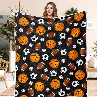 Sports Balls Pattern on Black Blanket for Young Athletes