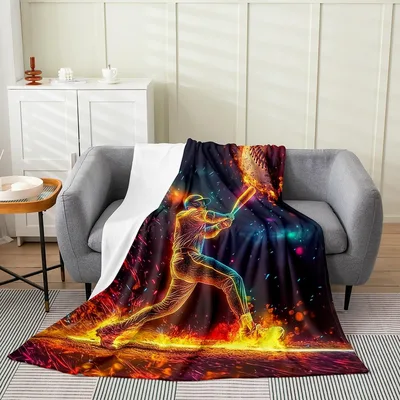 Basketball Player in Flames Blanket: Neon Baseball Hitter Art