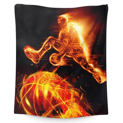 Flaming Basketball Player Dunk Blanket features a fiery