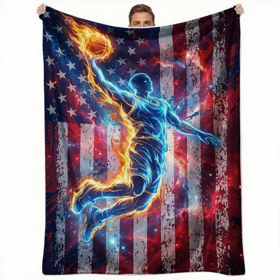 Flaming Basketball Player Blanket: Glowing Athlete on Distressed Flag