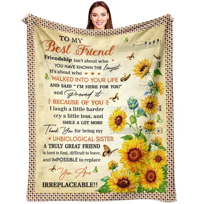 Best Friend Sunflower Letter Blanket Unbiological Sister Quote