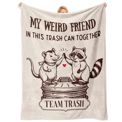 Trash Can Friend Blanket: Two Raccoons Share a Bin