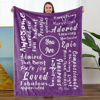 You Are Awesome Inspirational Blanket featuring a purple word cloud