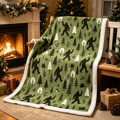Bigfoot Forest Pattern Blanket: Sasquatch Silhouettes in Pine Woods