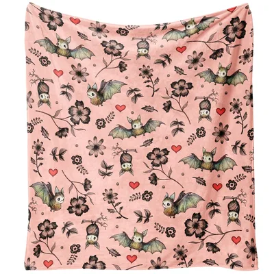 Pink Bat Blanket with Florals and Hearts for Cozy Nights