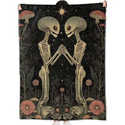Alien Skeleton Mystical Blanket: Two Skeletal Aliens in a Starry Night