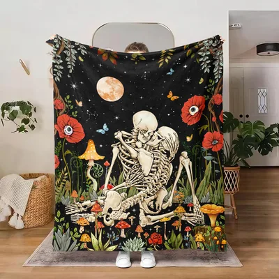 Gothic Skeleton Couple Blanket: Moonlit Lovers in a Mushroom Garden