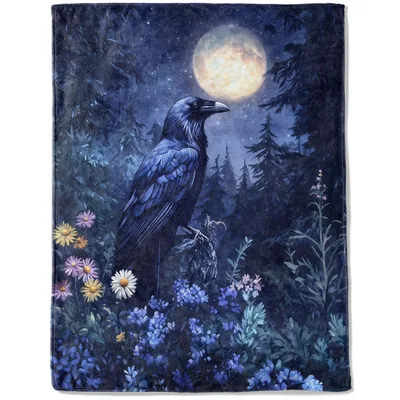 Raven Moon Forest Blanket: A Gothic Night Scene with a Perched Bird