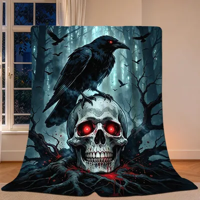 Gothic Crow Blanket: Raven on a Glowing Skull
