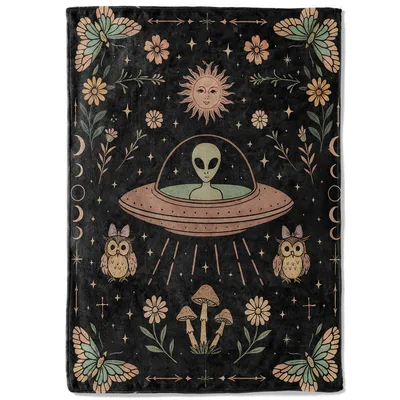Celestial Alien Blanket: a night sky of flowers, owls and a UFO