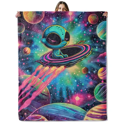 Alien Spaceship Blanket: Cute Alien Riding a Glowing Ringed Saucer