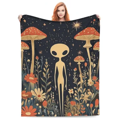Retro Alien Mushroom Blanket: Cosmic Fungi and Stars Design