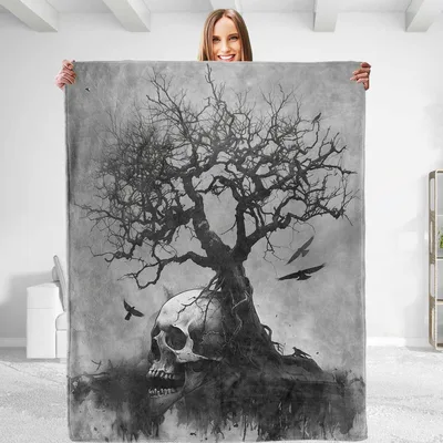 Dead Tree Blanket with a Gothic Skull and Crows