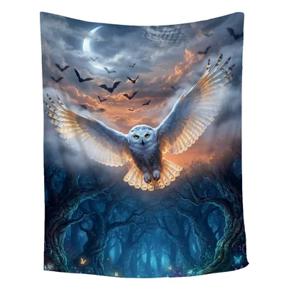 Moonlit Forest Blanket with a Snowy Owl in Flight