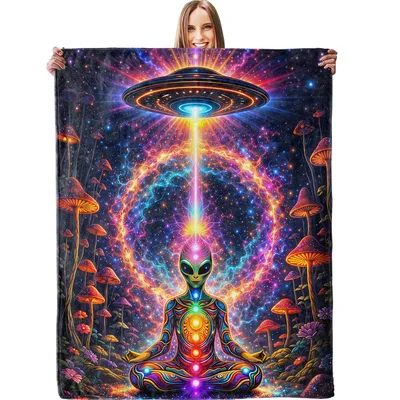Alien Meditation Blanket: A Cosmic Mushroom Glow for Your Couch