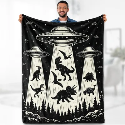 Dinosaurs Abducted by UFOs Blanket: Space Sci-Fi Dinosaur Art