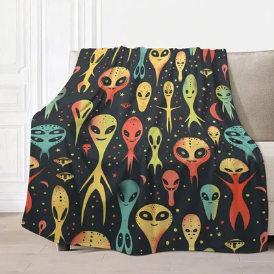 Cartoon Aliens Colorful Pattern Blanket for Sci-Fi Fans