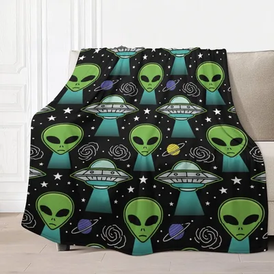 Green Alien Heads Blanket: UFO and Space Pattern Design