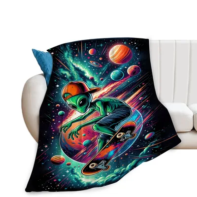 Alien Skateboarder in Galaxy Blanket: Cosmic Alien on a Skateboard