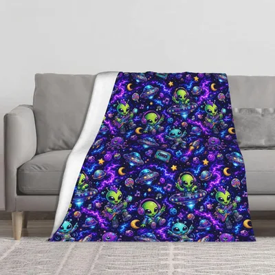 Alien Space Pattern Blanket: Neon Aliens and Retro Space Vibes