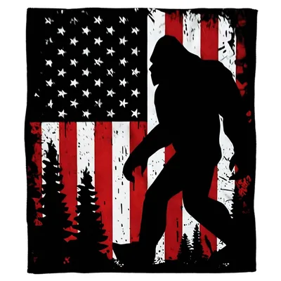 Bigfoot Silhouette American Flag Blanket for Sasquatch Fans