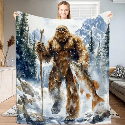 Bigfoot Walking in Snowy Blanket: Furry Beast with Fish and Staff